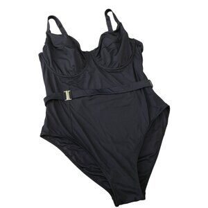 City Chic Underwire 1 Piece Swimsuit Black Belted Gold Hardware Cut Out Back L